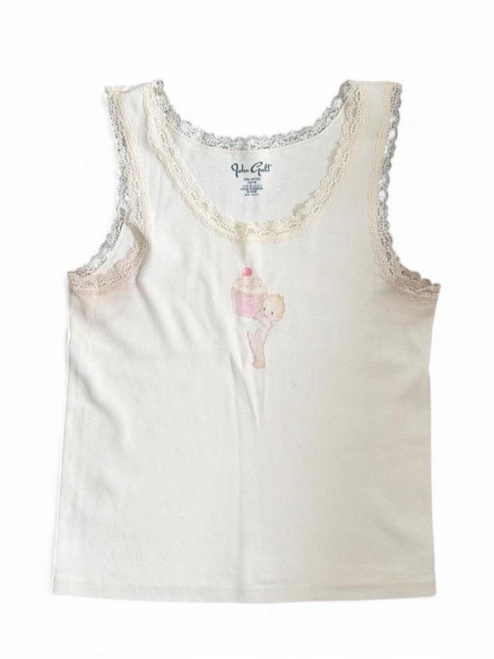Brandy Melville Cream Lace-Trim Tank with Pink Cupcake Motif